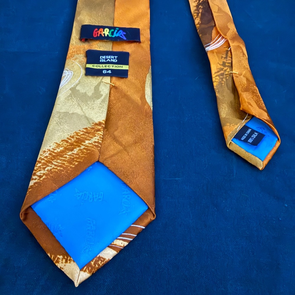 Garcia Desert Island Collection 64‎ 100% Silk Abstract Print Tie Orange Gold - Picture 3 of 10
